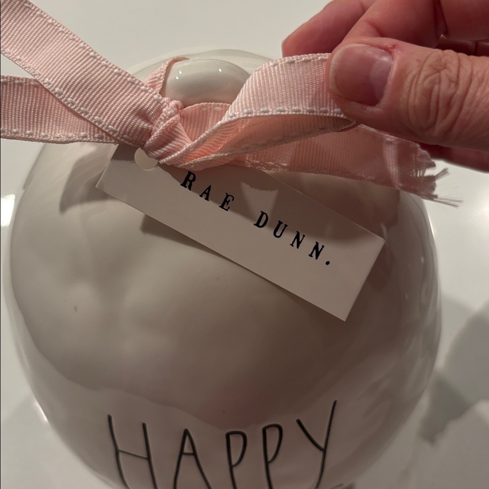 Rae Dunn “HAPPY SPRING” Cream & Black Ceramic Egg w Pink Ribbon… NWT - Picture 3 of 5